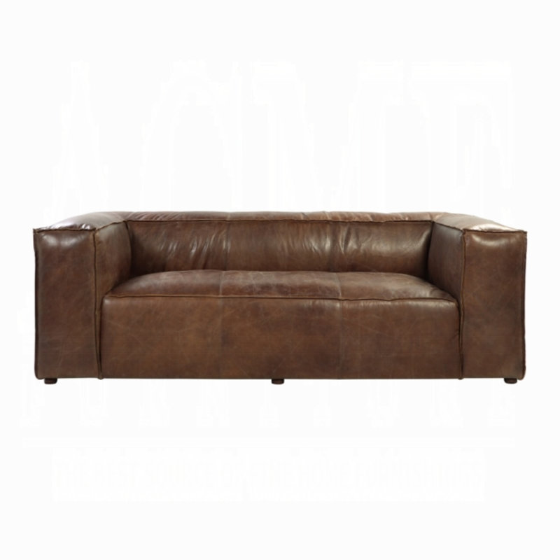 Haslingden 98"L Genuine Leather Upholstered Square Arm Chesterfield Sofa in Retro Brown