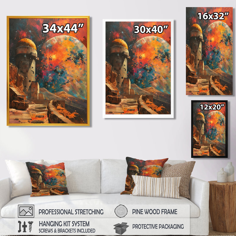 Rouge, orange, cosmique, planète, observatoire, art mural, salon, Canevas, H 24 po x l 32 po x P 1 po