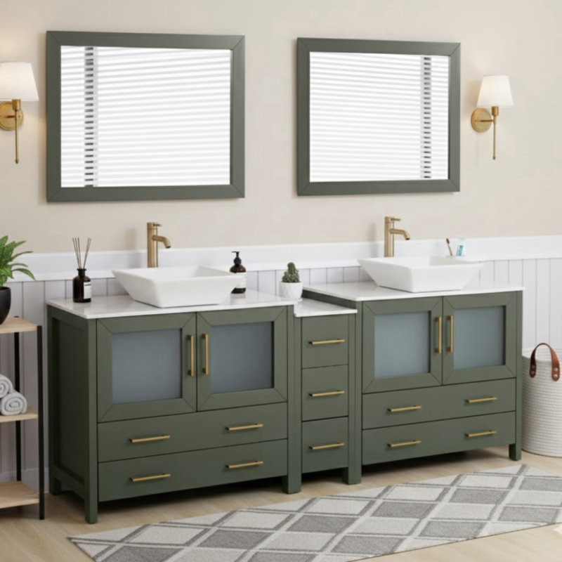 Meuble-lavabo double 84 po avec plateau en marbre d'ingénierie avec miroir, Or brossé, Vert rétro