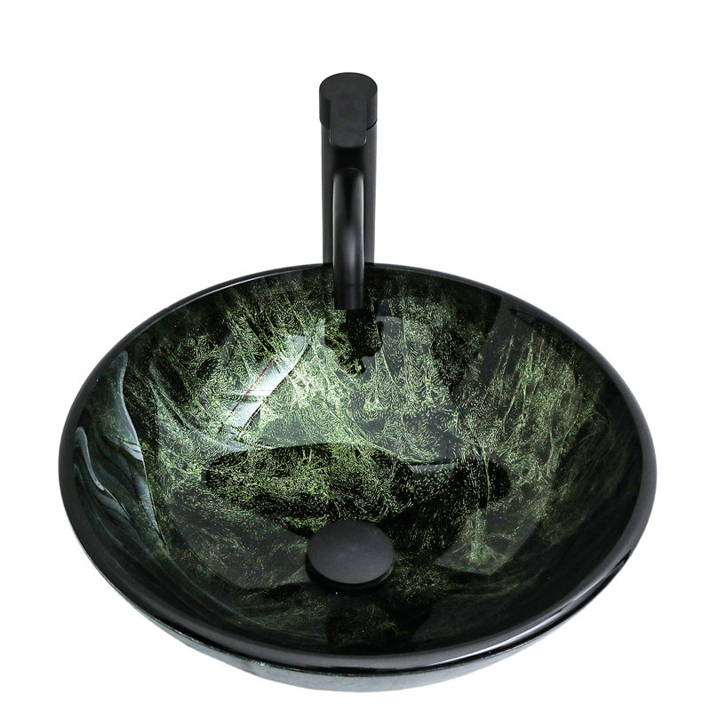 Lavabo de salle de bain en verre trempé, couleur, robinet noir et bonde escamotable pour différentes zones de la maison.