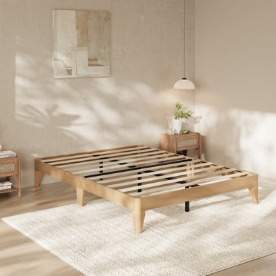 Base de lit plateforme en bois pour grand lit, pieds et lattes en bois, support central en métal, silencieux, aucun sommier requis, assemblage facile, bois naturel