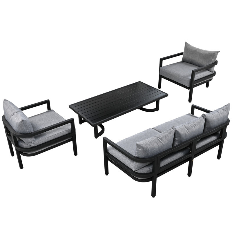 Acier d'extérieur Ustyle - imperméable et rouillé. La conception incurvée ajoute de l'élégance aux jardins. Confort 5 invités. Comprend 1 amour, 2 canapés simples et une table basse. Structure noire, coussins beiges. Facile à nettoyer