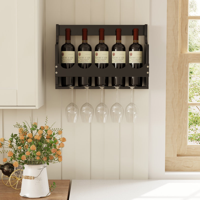 Casier à vin mural en bois massif avec porte-verres à pied, Noir
