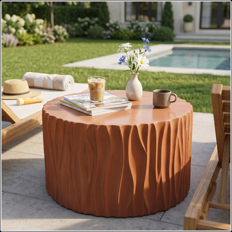 Table basse ronde en terre cuite MGO, table d'appoint cylindrique texturée ondulée, pré-assemblée, capacité de 66 lb, utilisation intérieure et extérieure