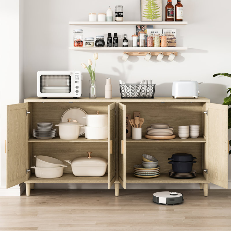 Buffet naturel à 4 portes de 70 po avec tablettes réglables, support solide, facile à nettoyer et à entretenir dans le salon, polyvalent pour le rangement dans la chambre à coucher