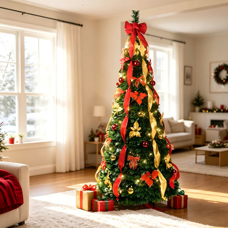 Sapin de Noël artificiel illuminé et pliable de 2,3 m (7,5 pi), avec 150 lumières chaudes, idéal pour les fêtes et les décorations de Noël.