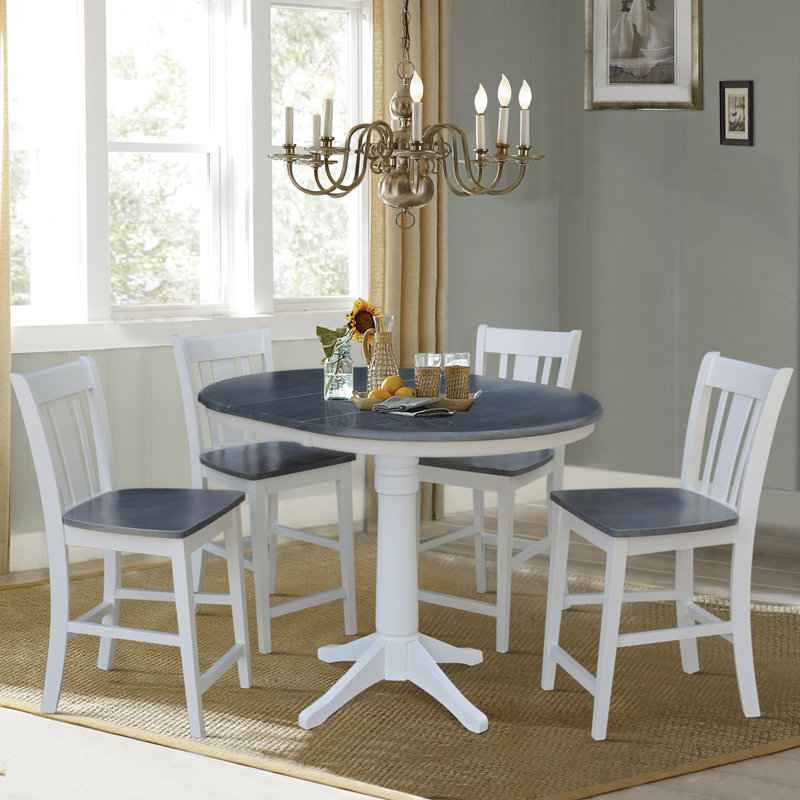 Dibora Counter Height Extendable Solid Wood Dining Set, White/Heather Gray, 5 Pieces: 1 Table, 4 Chairs