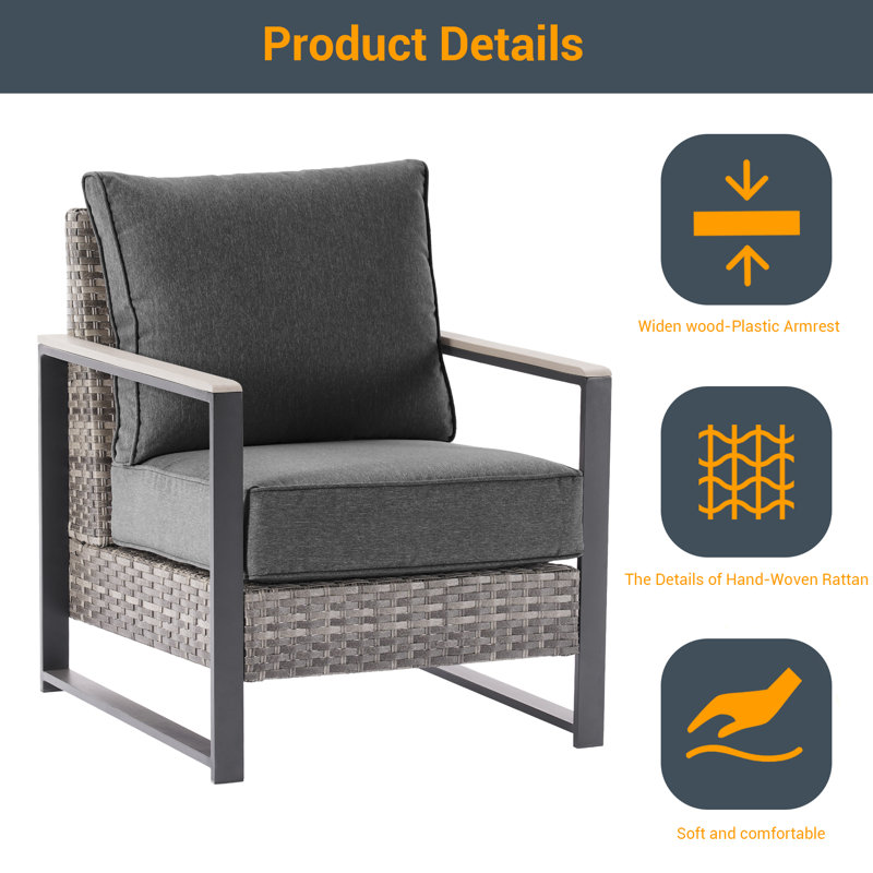 Henrie 2 Piece Patio Sofa Set with Cushion, Black Gray