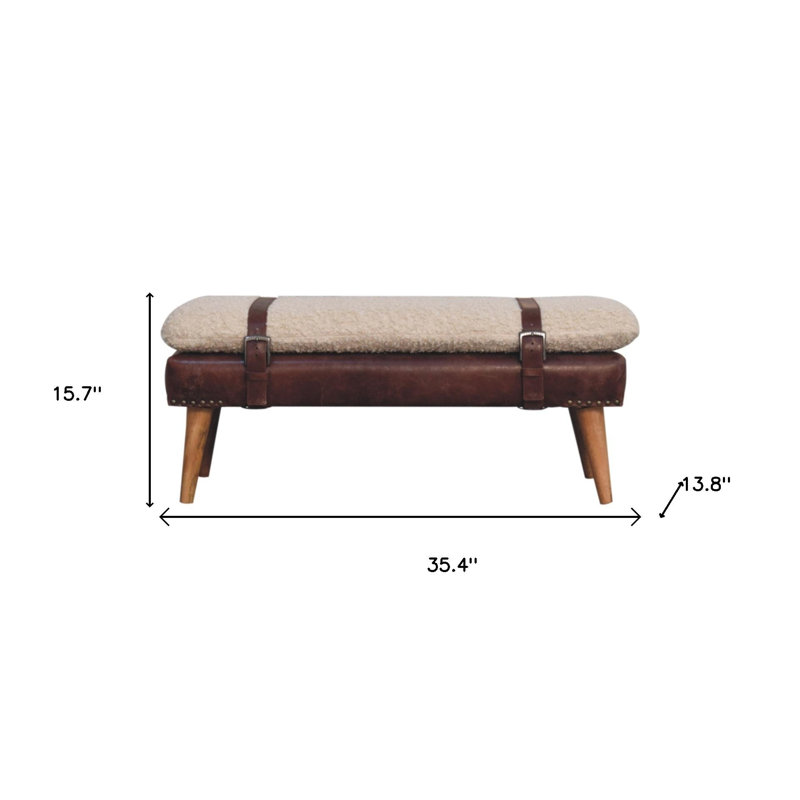 Banc rembourré de 35 pouces en acajou ivoire, cuir véritable bouclé naturel et bois massif