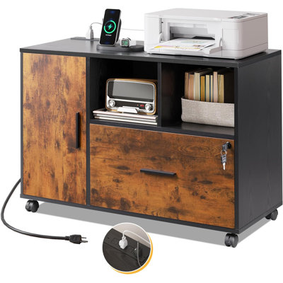 Cambrie 36.6'' Wide Mobile Wood File Cabinet with Shelves and Charging Station, Locking Filing Cabinet, Home Office Filing Cabinets, Full-Extension Filing Drawer & 360° Lockable Casters – Fits Letter/A4