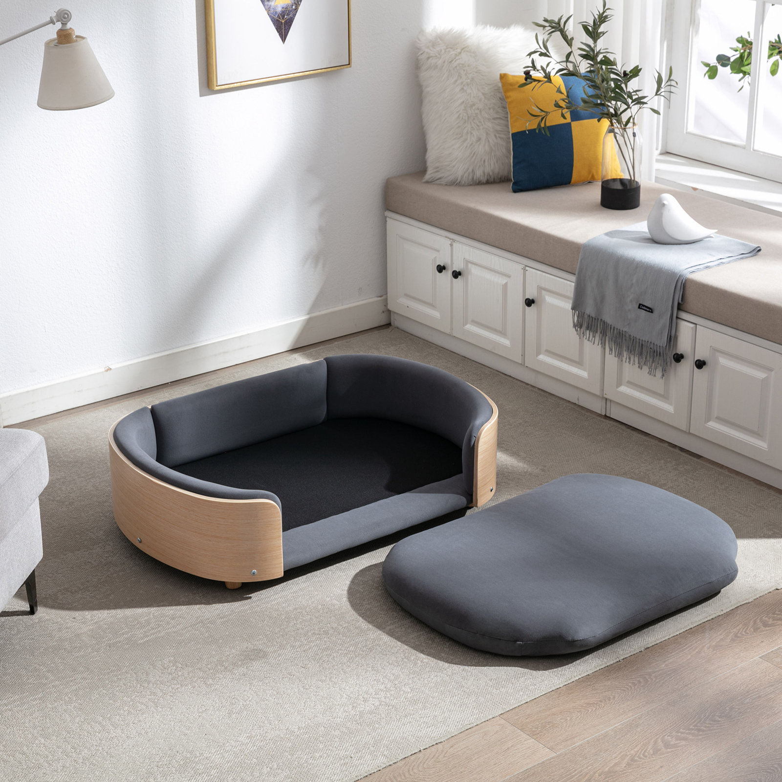 Inira Pet Bed, Dark Gray/Natural, 38.58" W x 26.77" D x 11.02" H