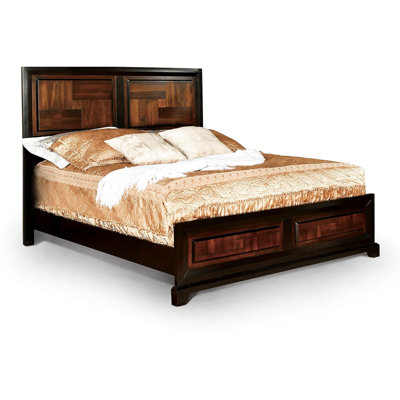 Transitional Solid Wood Queen Bed, /Walnut With Contemporary Parquet Design Size Style Headboard