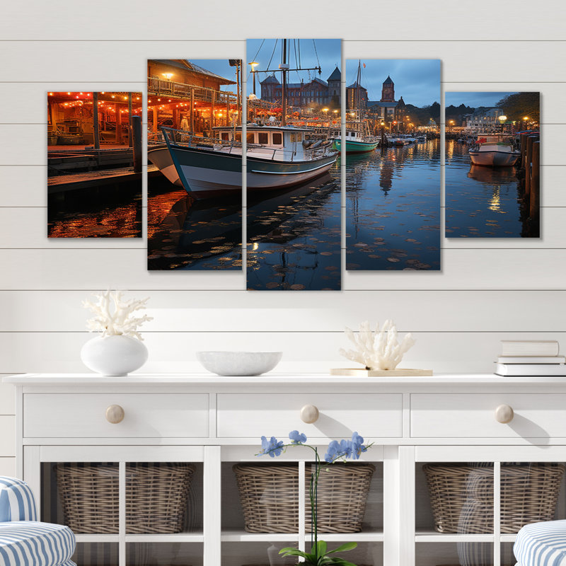 «Port Harbor Lights», reproduction sur toile nautique et de plage, 5 panneaux