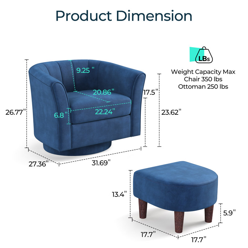 Fauteuil demi-tonneau pivotant avec repose-pieds 31,6 po Torince (ensemble de 2), H 26,77 po x l 31,69 po x P 27,36 po, Bleu