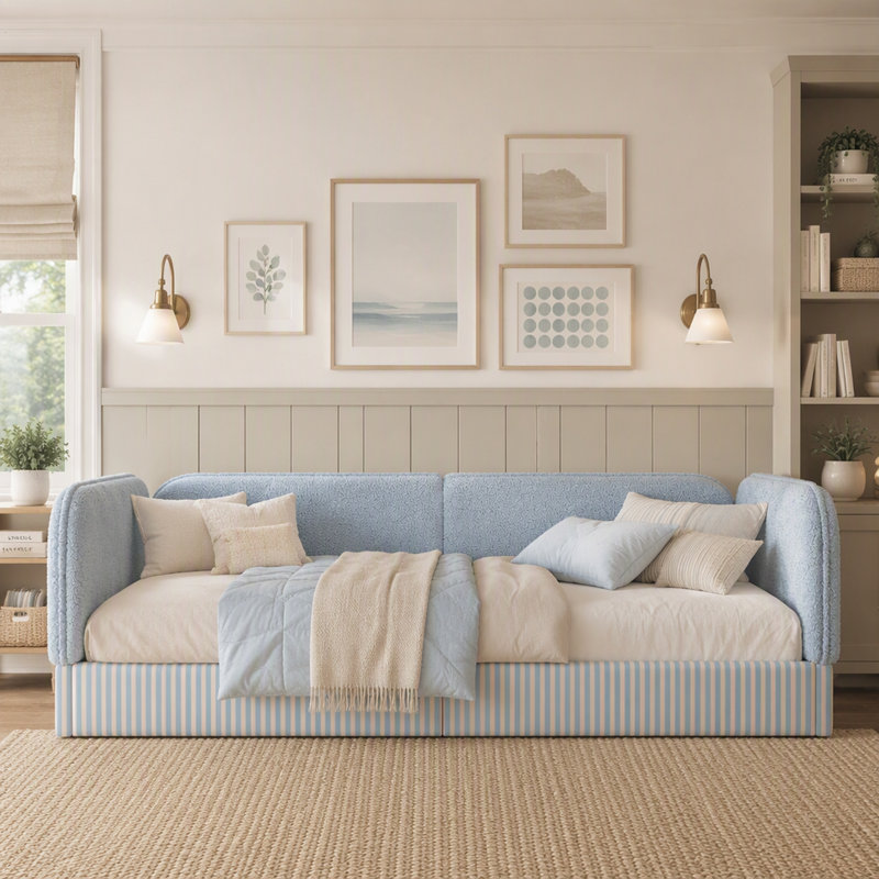 Lit simple Montessori avec revêtement en molleton Teddy, Twin, Patchwork, Blue