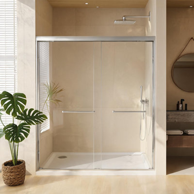 Porte de douche coulissante double en verre trempé nickel brossé de 127 à 137 cm (50 à 54 pouces), avec poignée en acier inoxydable et film anti-explosion