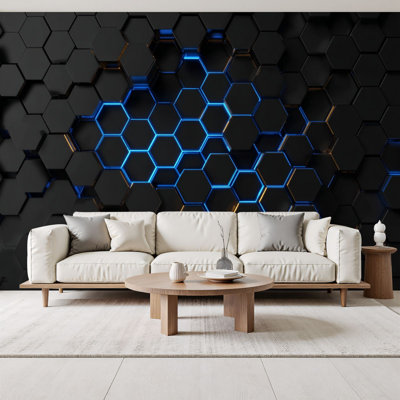 Peel and Stick Wallpaper Technological hexagonal blue neon illumination Wall Murals 100"H x 144"W Removable PVC Wall Paper Self-Adhesive Wall Paintings Art Decor for Bedroom Living Room