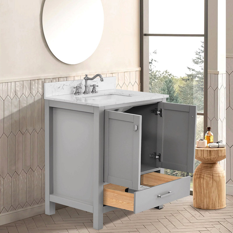 Meuble-lavabo de 76 cm (30 po), armoire de rangement de salle de bain avec cadre en bois massif, comptoir de toilette autoportant avec lavabo gris