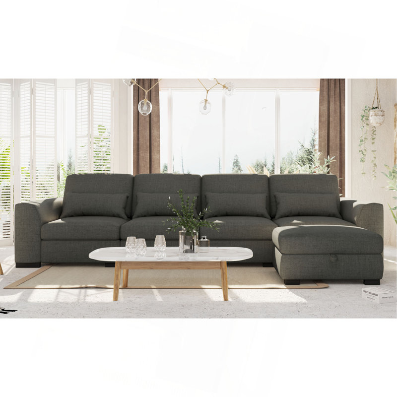 Canapé modulaire en forme de L de 130 po avec repose-pieds avec rangement - tissu en lin performance amélioré, configurations flexibles