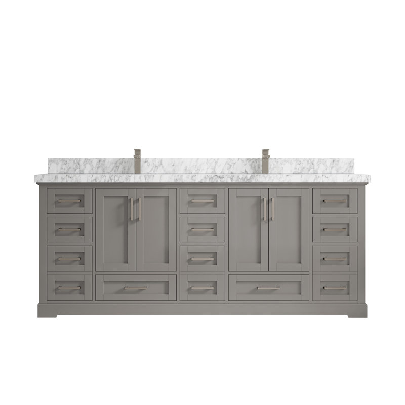 Eser 84'' Double Bathroom Vanity with Top, Navy Blue, Straight Carrara Marble