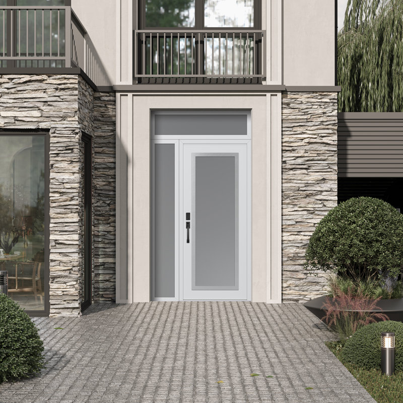 Panneau d'entrée en acier argenté blanc / blanc avec porte latérale avant et traverse, Droite, L 49,25 po x H 95,69 po, Givré