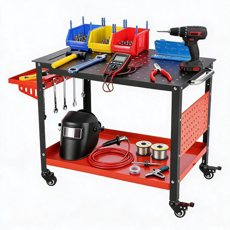 Table de soudage roulante 36 po x 24 po - Établi de soudage portable avec panneau perforé et plateau, capacité de 600 lb, 216 trous de fixation, roulettes verrouillables - pour garage et atelier