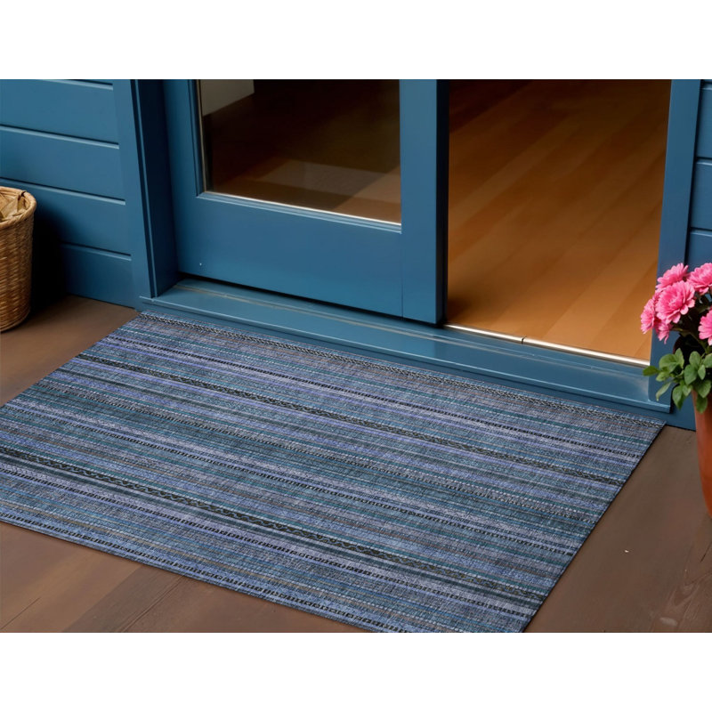 Tapis extérieur lavable rayé bleu et bleu ciel 3 pi x 5 pi