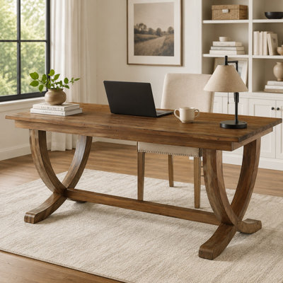 Bureau d'ordinateur en bois massif de 63 po, bureau de maison de ferme moderne avec base à piédestal incurvé, grand bureau d'écriture pour poste de travail