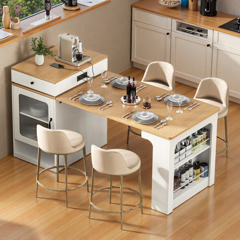 Kitchen Island With Extendable Dining Table, Double-sided Storage, 2 Drawers, Power Outlet And Side Open Shelves