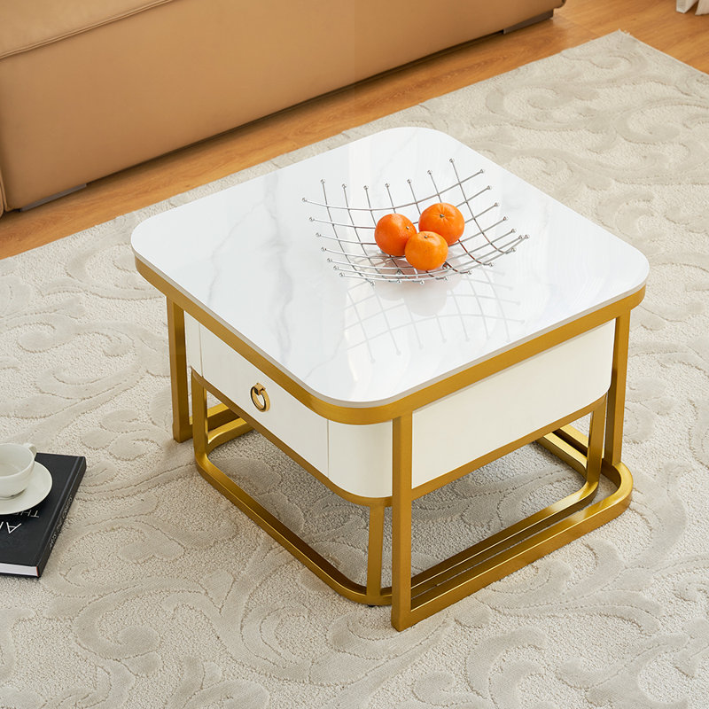 Table gigogne en marbre, ensemble de 2 tables basses, table d'appoint avec cadre en métal, doré, Doré