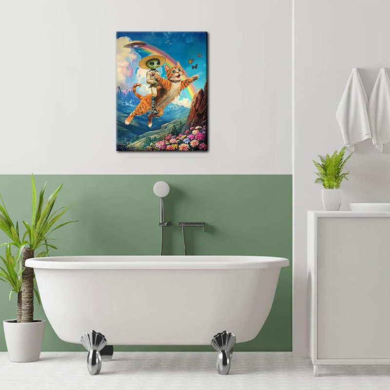 Whimsical Funny Alien Riding A Cat Wall Decor Pictures Eclectic Cat Poster Print for Dorm Bedroom Home Decoration 12x16in