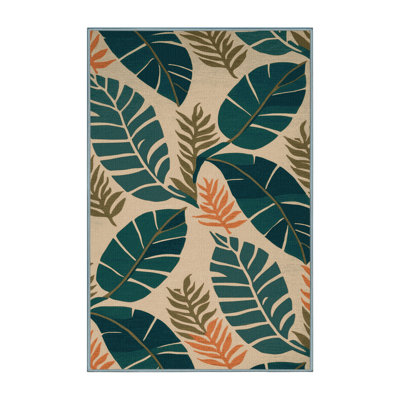 Washable Stylized Leaves Hawaiian Area Rug