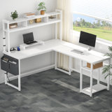Steinber L Shaped Desk with Hutch & Monitor Stand, Home Office Desk with Power Outlet & LED Light