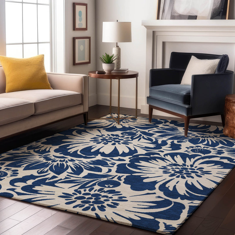 Tapis bleu marine Cerrito AMF551 lavable à la machine de qualité supérieure, Rectangulaire 8 pi x 10 pi