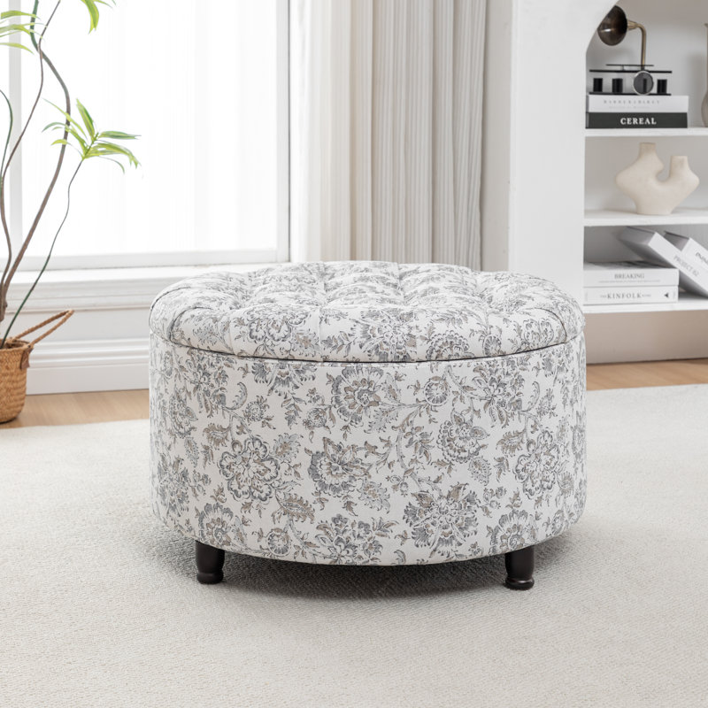 Upholstered Ottoman, Brown Floral, Brown Wood