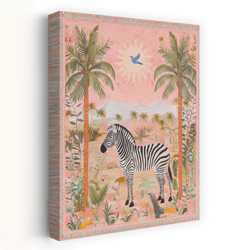 Pink Savannah Zebra Peaceful Serene Vibrant Palm Tree Bird Zebra Landscape Nature Wall Art Print by Mathieu - Wrapped Canvas Print