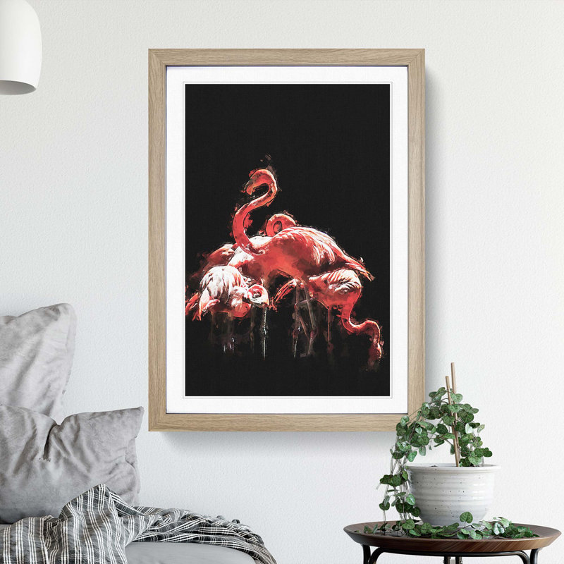 Pink Flamingos in Abstract - Framed Print, 50cm H x 35cm W x 2cm D, Oak