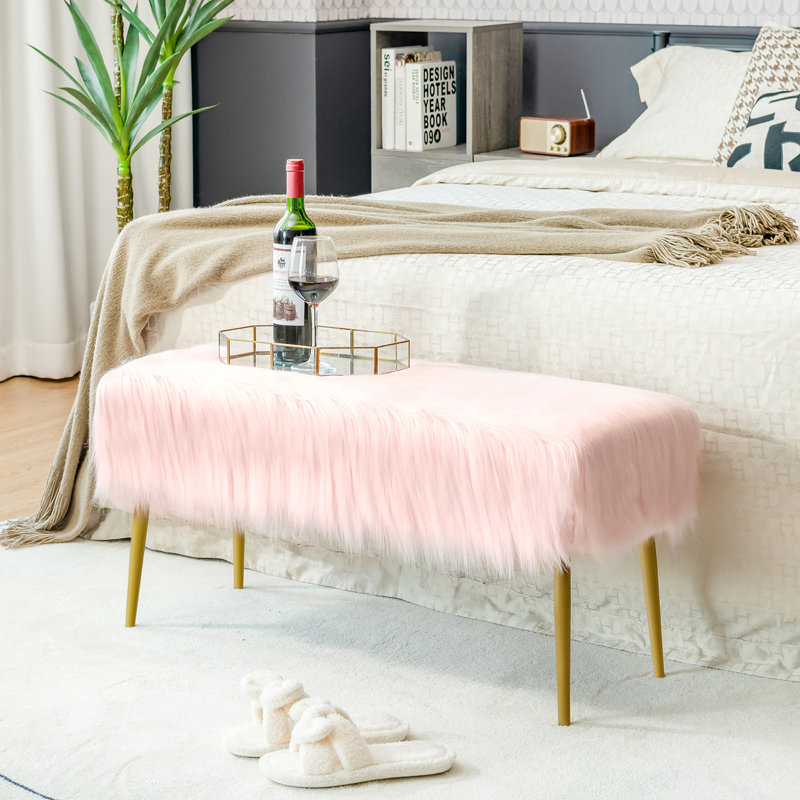 Aon Faux Fur Upholstered Bench, Pink