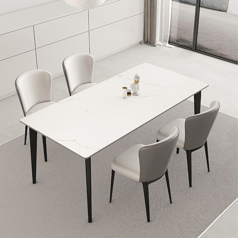 Table de salle à manger blanche et noire en pierre frittée rectangulaire et acier au carbone