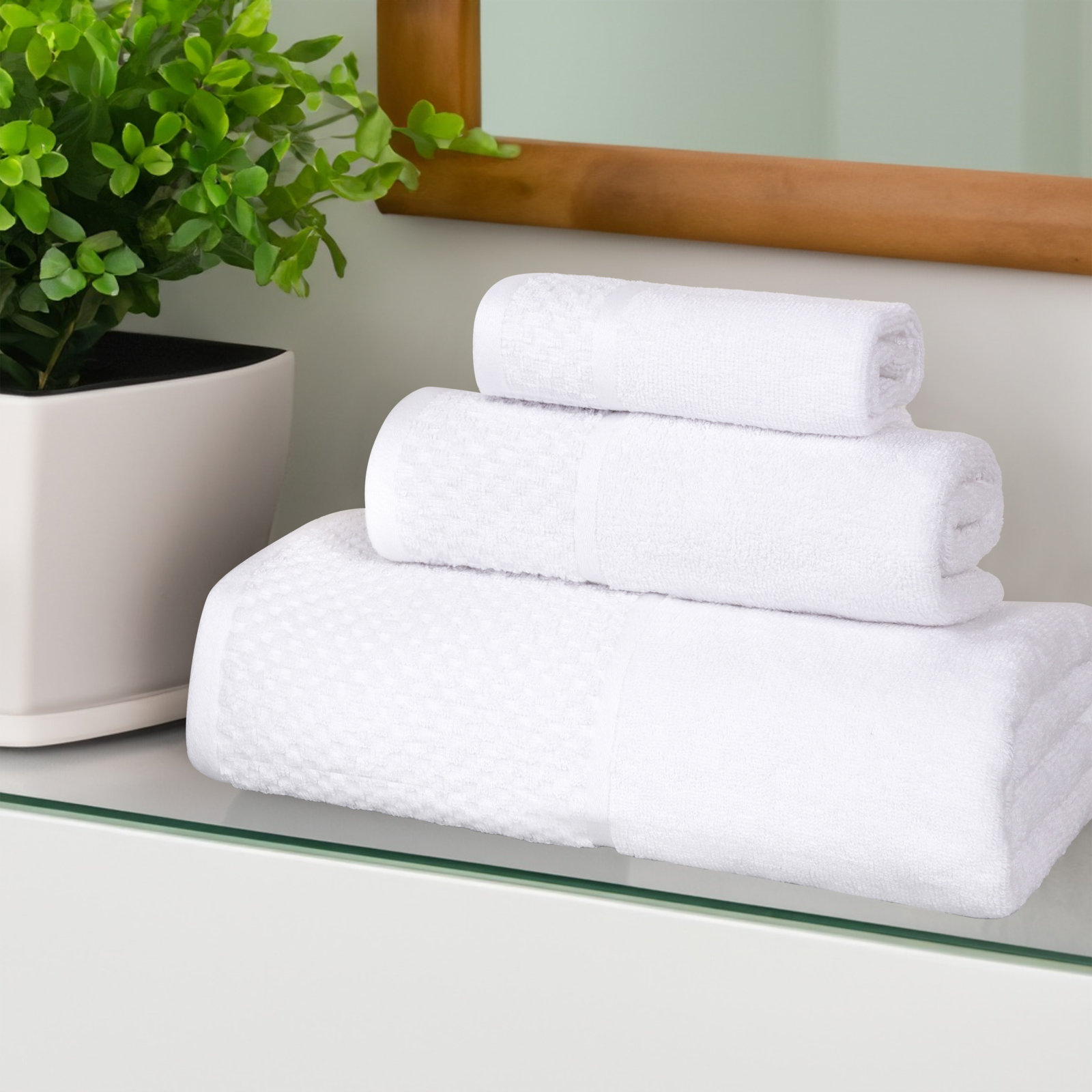 Eliora Lodie Cotton Plush Soft Absorbent Jacquard Solid 3 Piece Towel Set, White