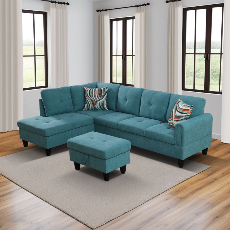 Ensemble canapé d'angle 3 pièces en tissu bleu turquoise avec pouf de rangement, Velours bleu
