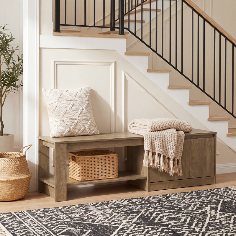 Upholstered Bench with Cabinet and Shoe Storage