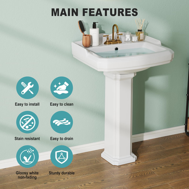 Lavabo de salle de bain piédestal, lavabo sur piédestal l 23 "x P 19" lavabo de salle de bain piédestal en céramique blanc rétro, 4 "- 3 trous