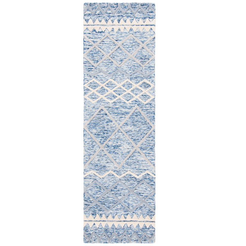 Tapis bleu / crème en laine touffeté à la main Emst, Tapis de couloir 2 pi 3 po x 8 pi