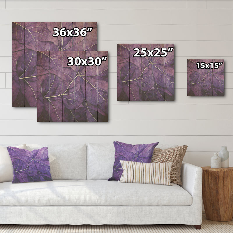 Minimalist Violet Veins Foliage I - Leaves Wood Wall Art On Natural Pine Wood, 36" H x 36" W