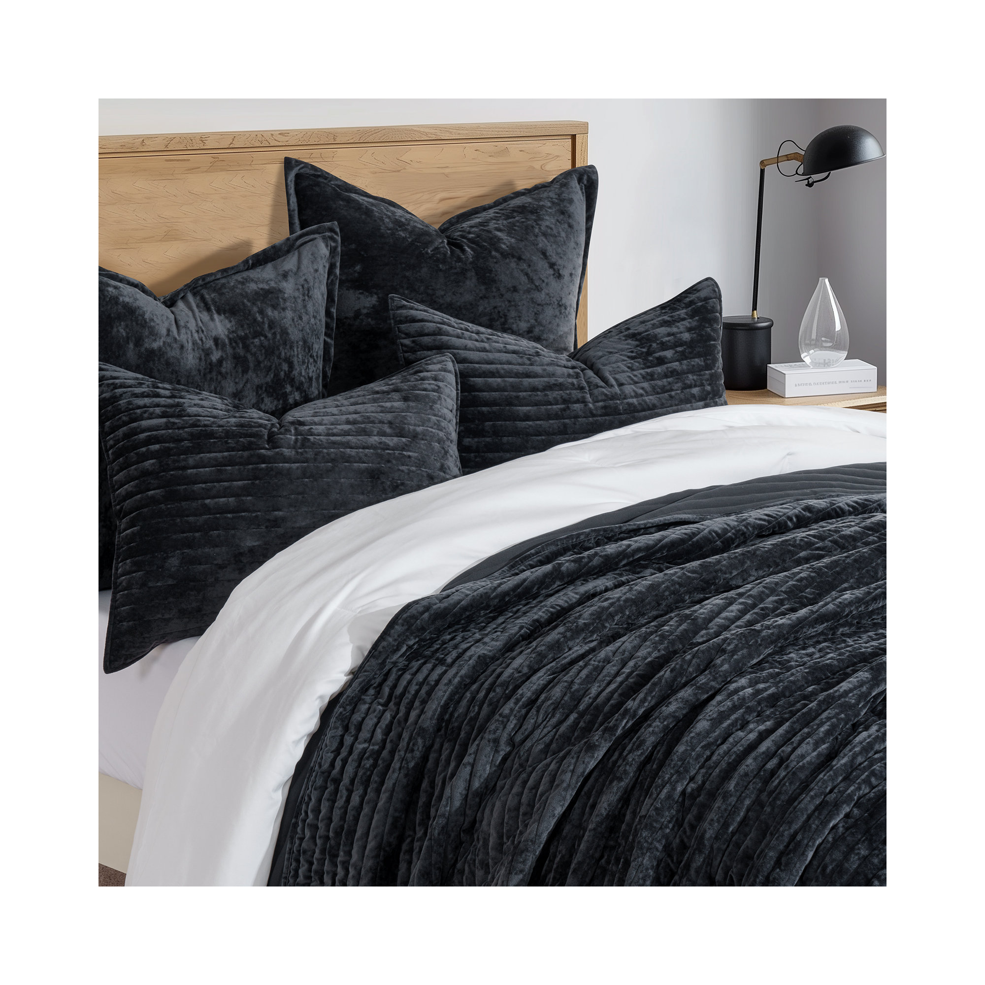 Luxe Velvet Channel Quilt Set, Black, Queen
