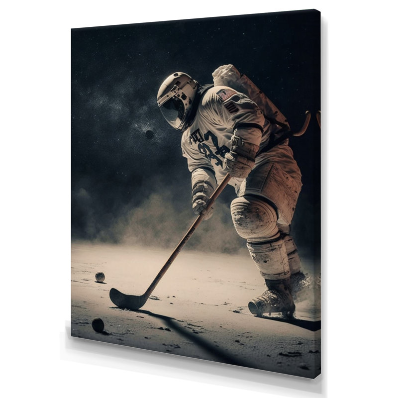 Spaceman jouant au hockey - Impression sur toile, H 32 po x l 16 po x P 1 po, Toile tendue