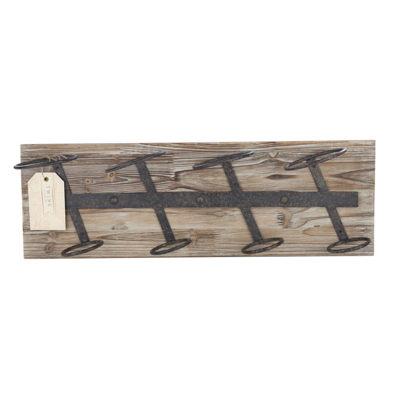 Rustic Natural Wood and Metal Wall Mounted Wine Rack