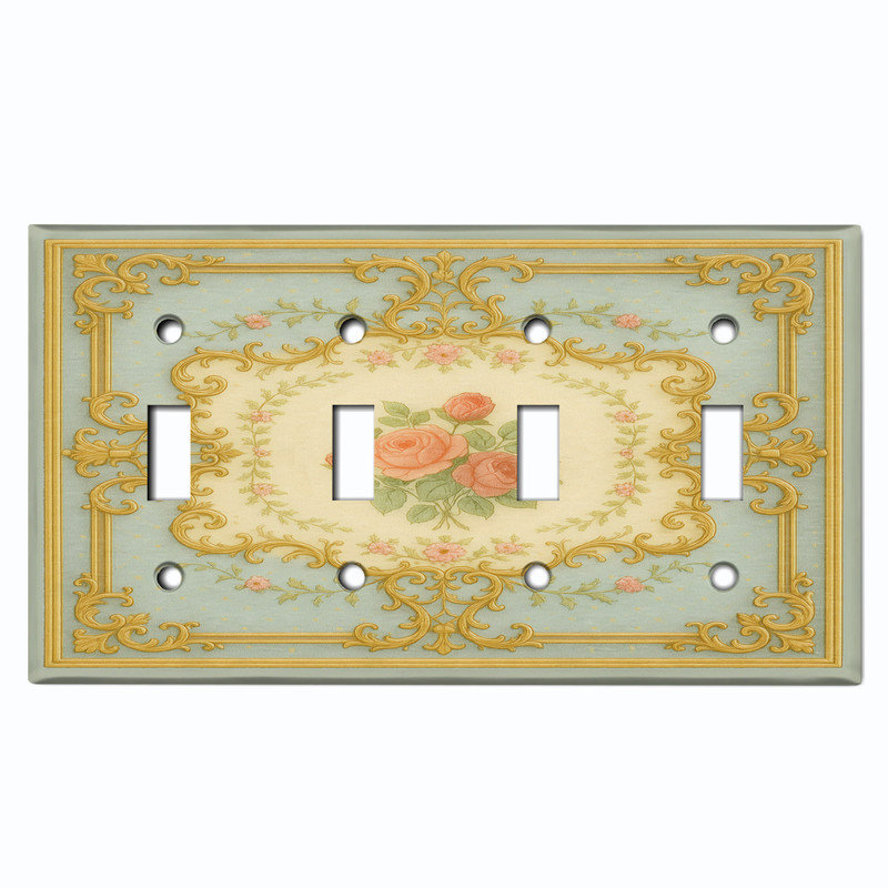 Couvercle de plaque d'interrupteur en métal; Bascule à 4 bandes US standard - damas floral, # 4 Quad bascule