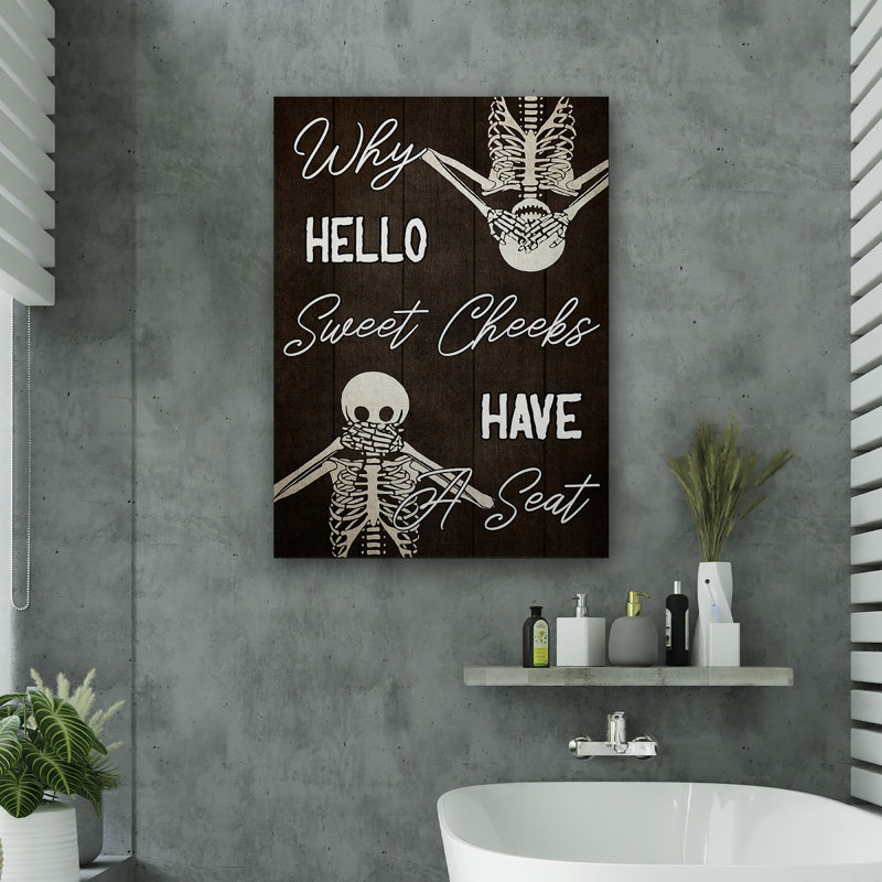 Toile tendue «Skeletons Say Hello Sweet Cheek» - décor de salle de bain et de lessive, chocolat et blanc